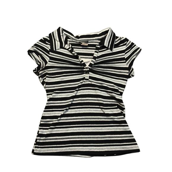 anxiety Tops - Y2K Anxiety Striped Collared Ruched Flare Polo Top Mock Layered Women’s Large